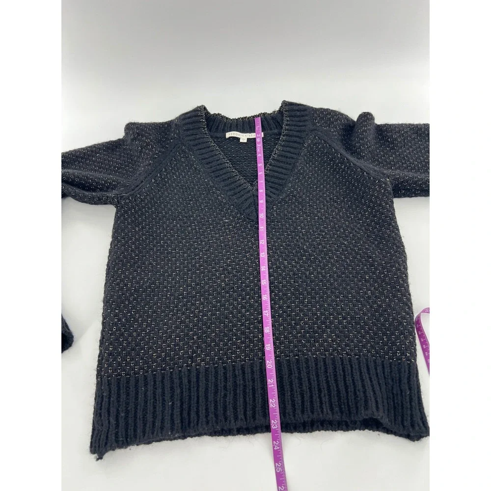 Veronica Beard Mirnie Black Metallic Chunky V-Neck Sweater Alpaca Wool Blend S
